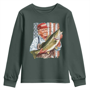 Patriotic Fisherman Youth Sweatshirt American Flag Bass Fish Fisherman Trump TS10 Dark Forest Green Print Your Wear
