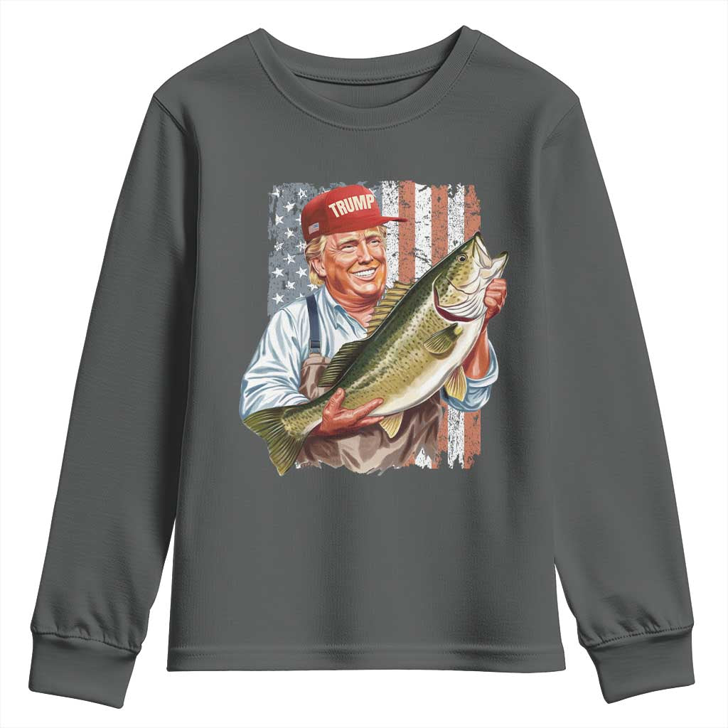 Patriotic Fisherman Youth Sweatshirt American Flag Bass Fish Fisherman Trump TS10 Dark Heather Print Your Wear