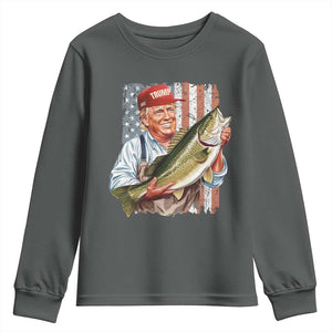 Patriotic Fisherman Youth Sweatshirt American Flag Bass Fish Fisherman Trump TS10 Dark Heather Print Your Wear
