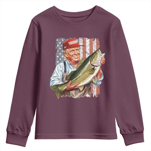 Patriotic Fisherman Youth Sweatshirt American Flag Bass Fish Fisherman Trump TS10 Maroon Print Your Wear