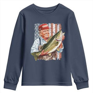 Patriotic Fisherman Youth Sweatshirt American Flag Bass Fish Fisherman Trump TS10 Navy Print Your Wear