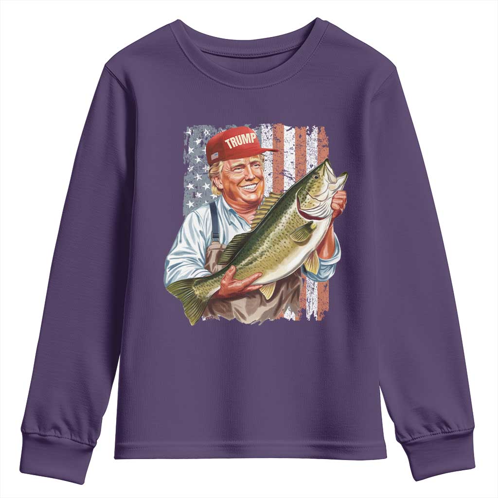 Patriotic Fisherman Youth Sweatshirt American Flag Bass Fish Fisherman Trump TS10 Purple Print Your Wear