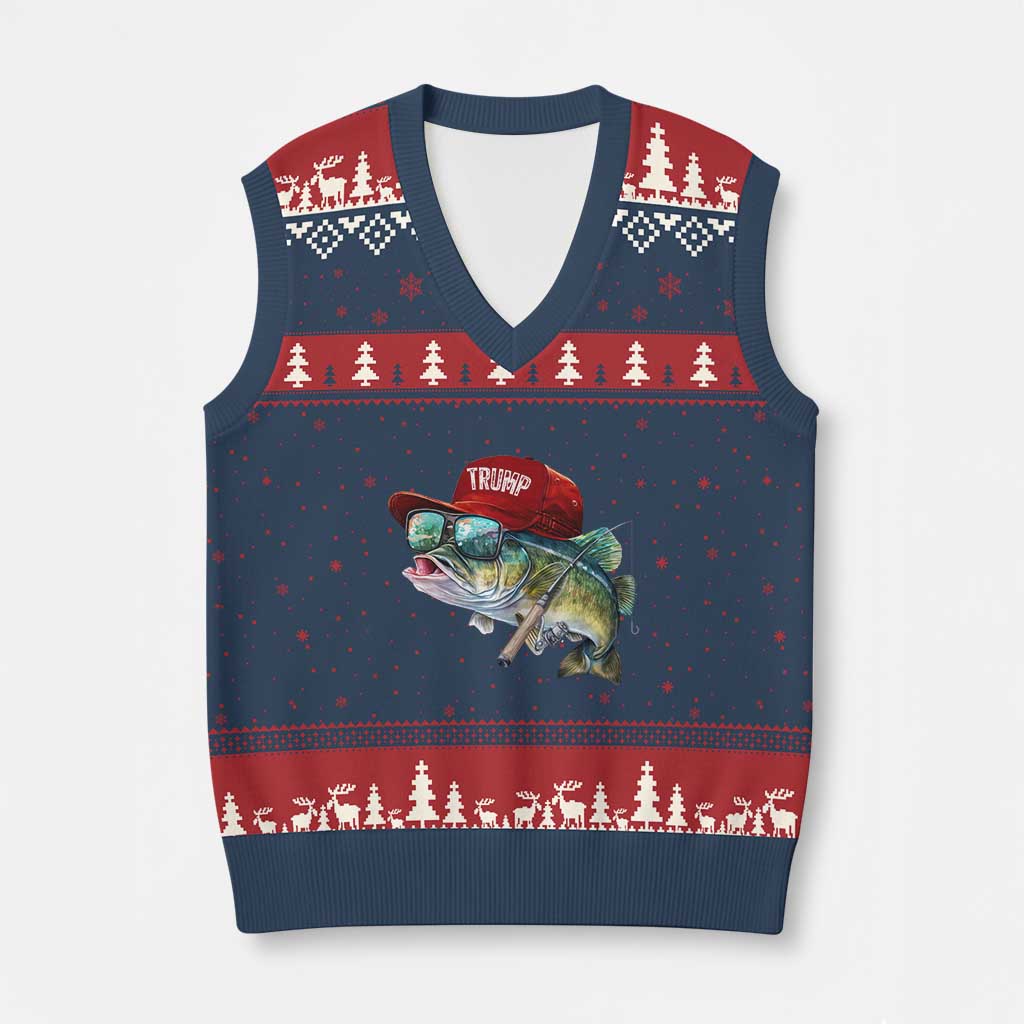 Trump Fishing V-Neck Knit Sweater Vest American Flag Bass Fish Fisherman TS10 Navy Red Print Your Wear