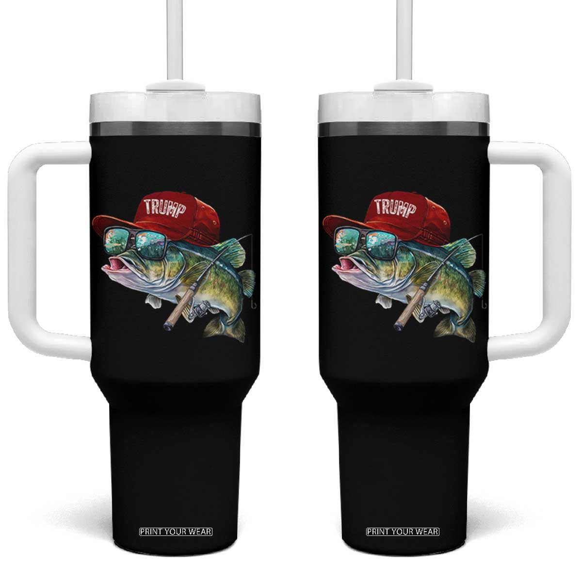 Trump Fishing Tumbler With Handle American Flag Bass Fish Fisherman TS10 One Size: 40 oz Black Print Your Wear