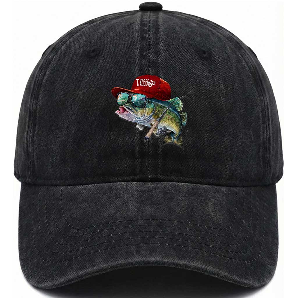 Trump Fishing Washed Cotton Baseball Cap American Flag Bass Fish Fisherman