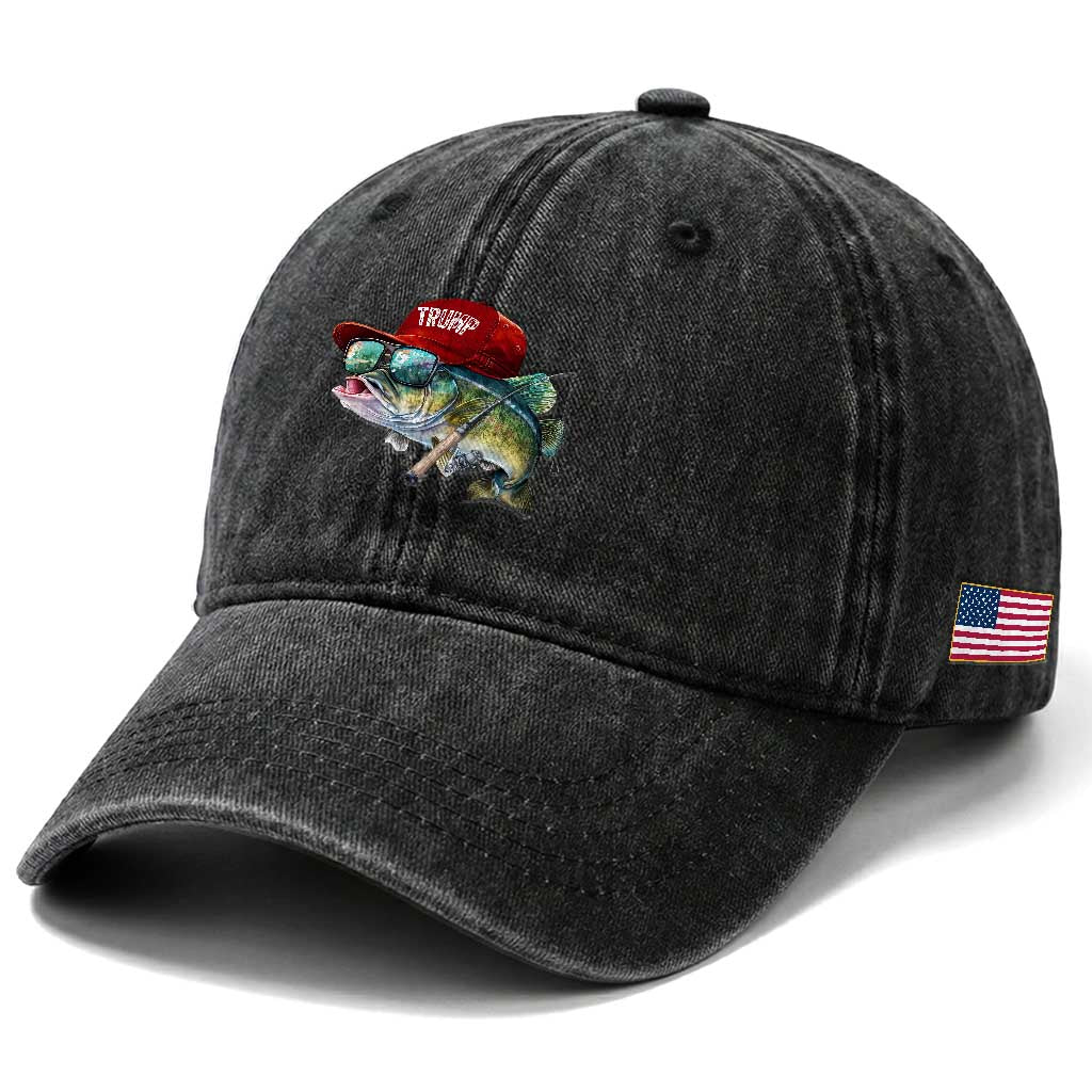 Trump Fishing Washed Cotton Baseball Cap American Flag Bass Fish Fisherman