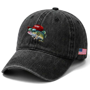 Trump Fishing Washed Cotton Baseball Cap American Flag Bass Fish Fisherman