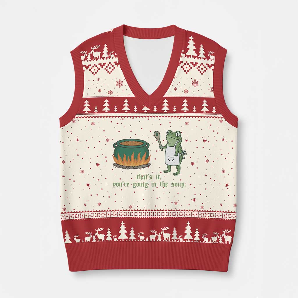 Funny Frog V-Neck Knit Sweater Vest Thats It You're Going In The Soup Weird Weirdcore Meme TS10 Beige Red Print Your Wear