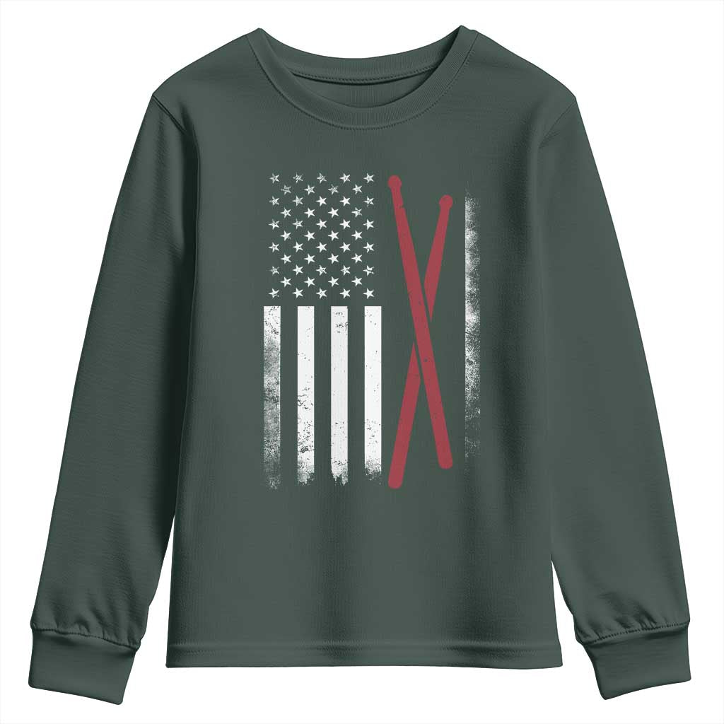 American Flag Drumsticks Youth Sweatshirt USA Drummers Vintage Drum Sticks TS10 Dark Forest Green Print Your Wear