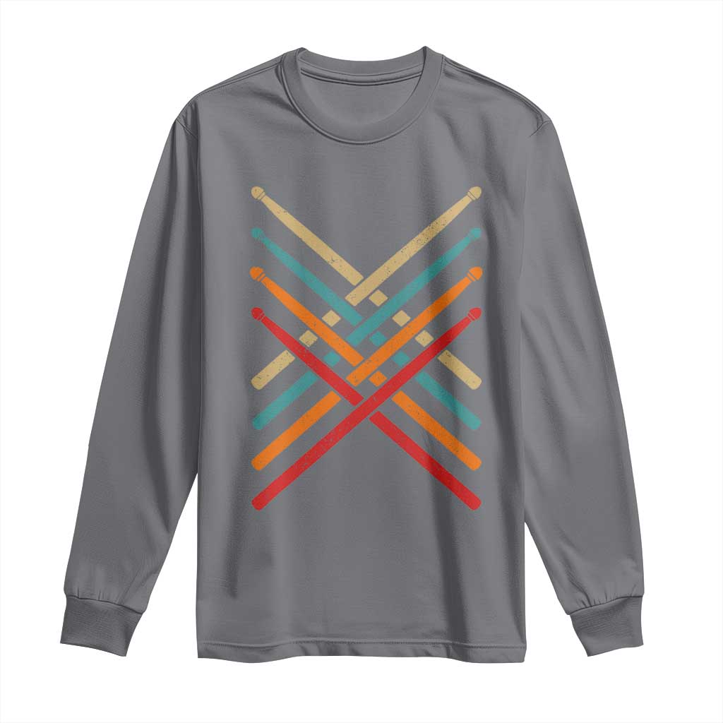 Retro Vintage Drummer Long Sleeve Shirt 70s 80s Distressed Drum Sticks TS10 Charcoal Print Your Wear