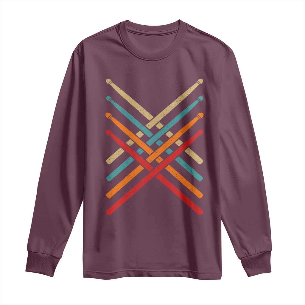 Retro Vintage Drummer Long Sleeve Shirt 70s 80s Distressed Drum Sticks TS10 Maroon Print Your Wear
