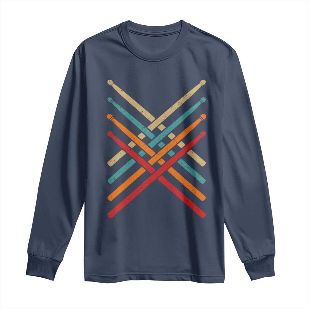 Retro Vintage Drummer Long Sleeve Shirt 70s 80s Distressed Drum Sticks TS10 Navy Print Your Wear