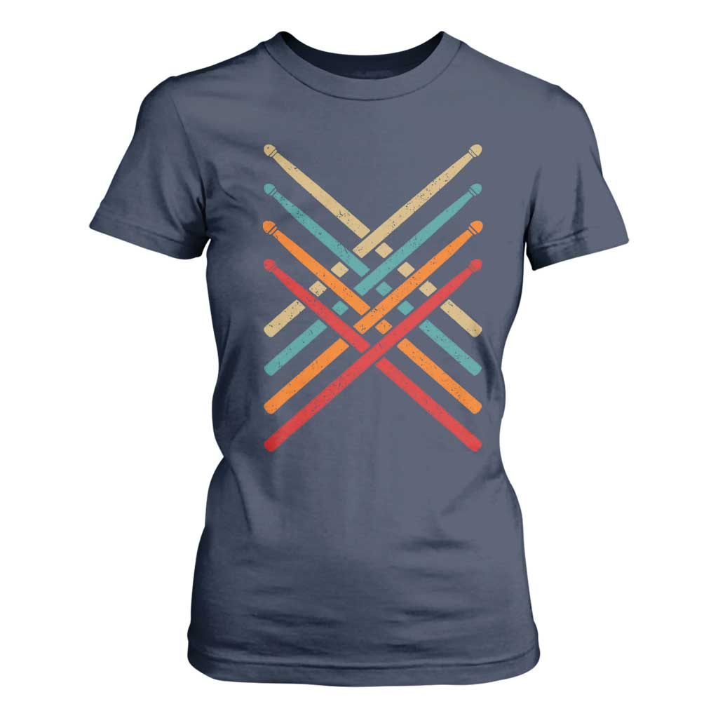 Retro Vintage Drummer T Shirt For Women 70s 80s Distressed Drum Sticks TS10 Navy Print Your Wear