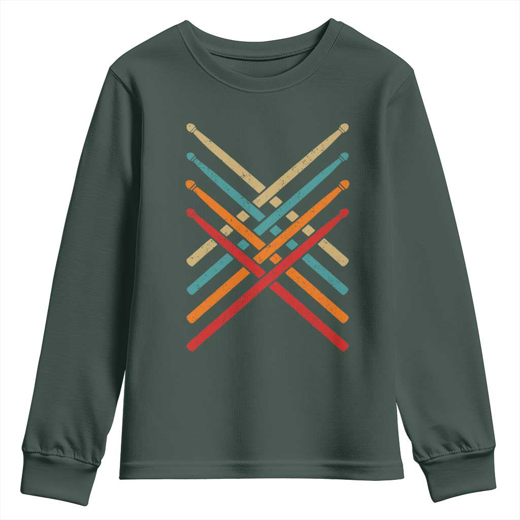 Retro Vintage Drummer Youth Sweatshirt 70s 80s Distressed Drum Sticks TS10 Dark Forest Green Print Your Wear