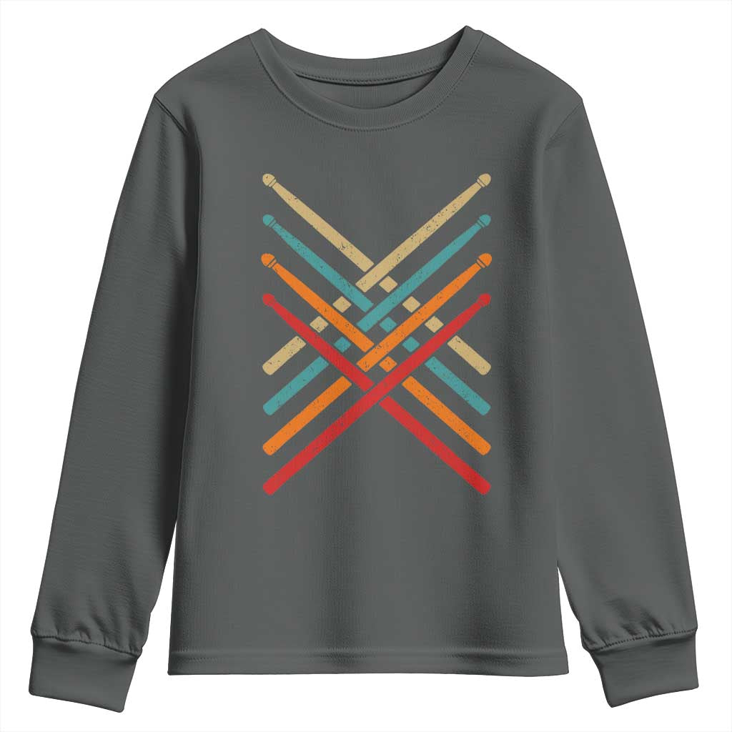 Retro Vintage Drummer Youth Sweatshirt 70s 80s Distressed Drum Sticks TS10 Dark Heather Print Your Wear