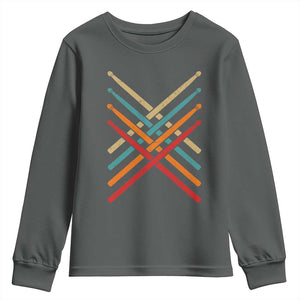 Retro Vintage Drummer Youth Sweatshirt 70s 80s Distressed Drum Sticks TS10 Dark Heather Print Your Wear
