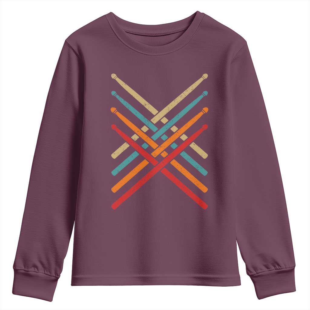 Retro Vintage Drummer Youth Sweatshirt 70s 80s Distressed Drum Sticks TS10 Maroon Print Your Wear