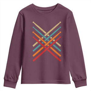 Retro Vintage Drummer Youth Sweatshirt 70s 80s Distressed Drum Sticks TS10 Maroon Print Your Wear