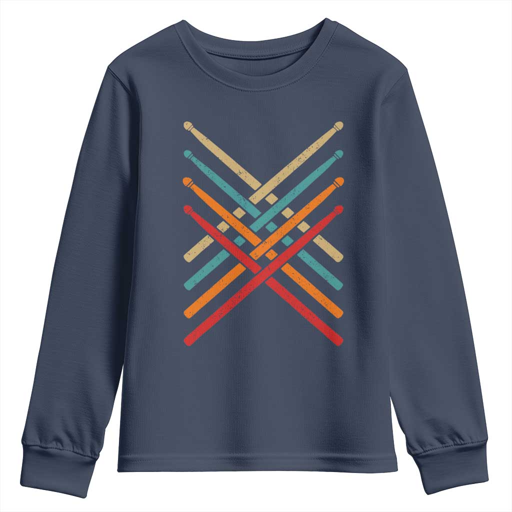 Retro Vintage Drummer Youth Sweatshirt 70s 80s Distressed Drum Sticks TS10 Navy Print Your Wear