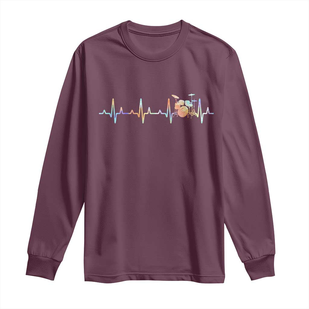 Drums Heartbeat Long Sleeve Shirt Drummer Percussionist Silhouette TS10 Maroon Print Your Wear