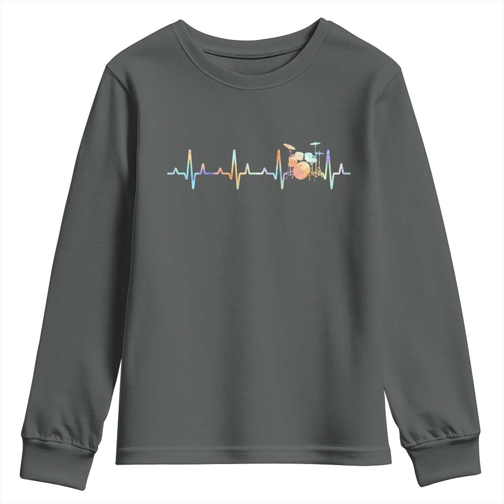 Drums Heartbeat Youth Sweatshirt Drummer Percussionist Silhouette TS10 Dark Heather Print Your Wear