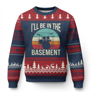Funny Drummer Ugly Christmas Sweater Drum Set Drumming Lovers I'll Be In The Basement TS10 Navy Red Print Your Wear