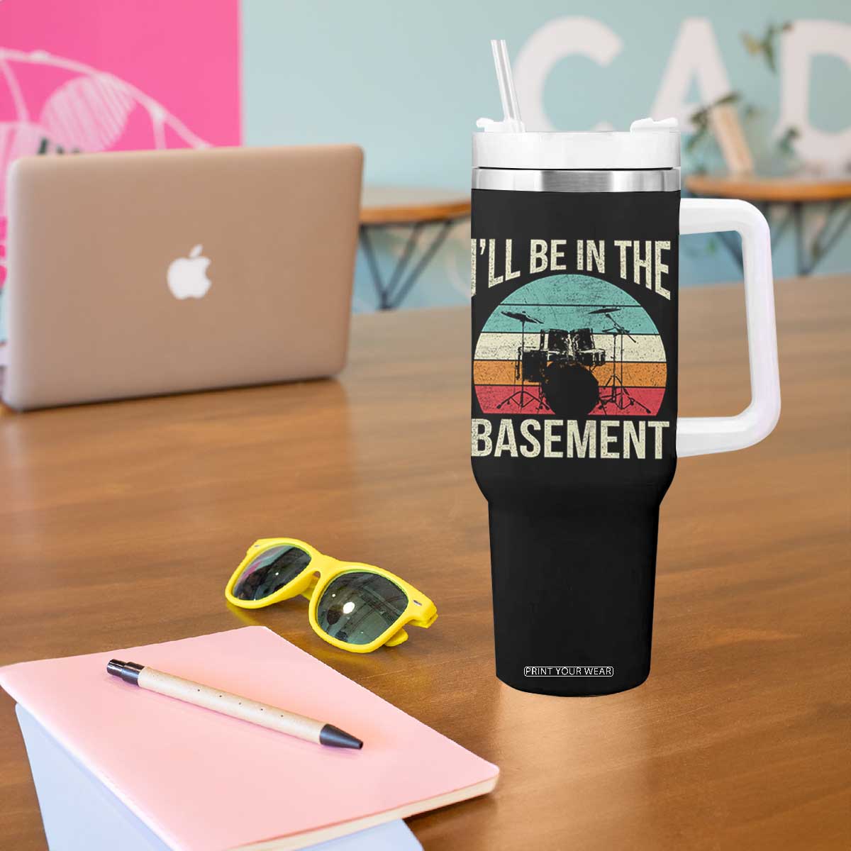Funny Drummer Tumbler With Handle Drum Set Drumming Lovers I'll Be In The Basement TS10 Print Your Wear