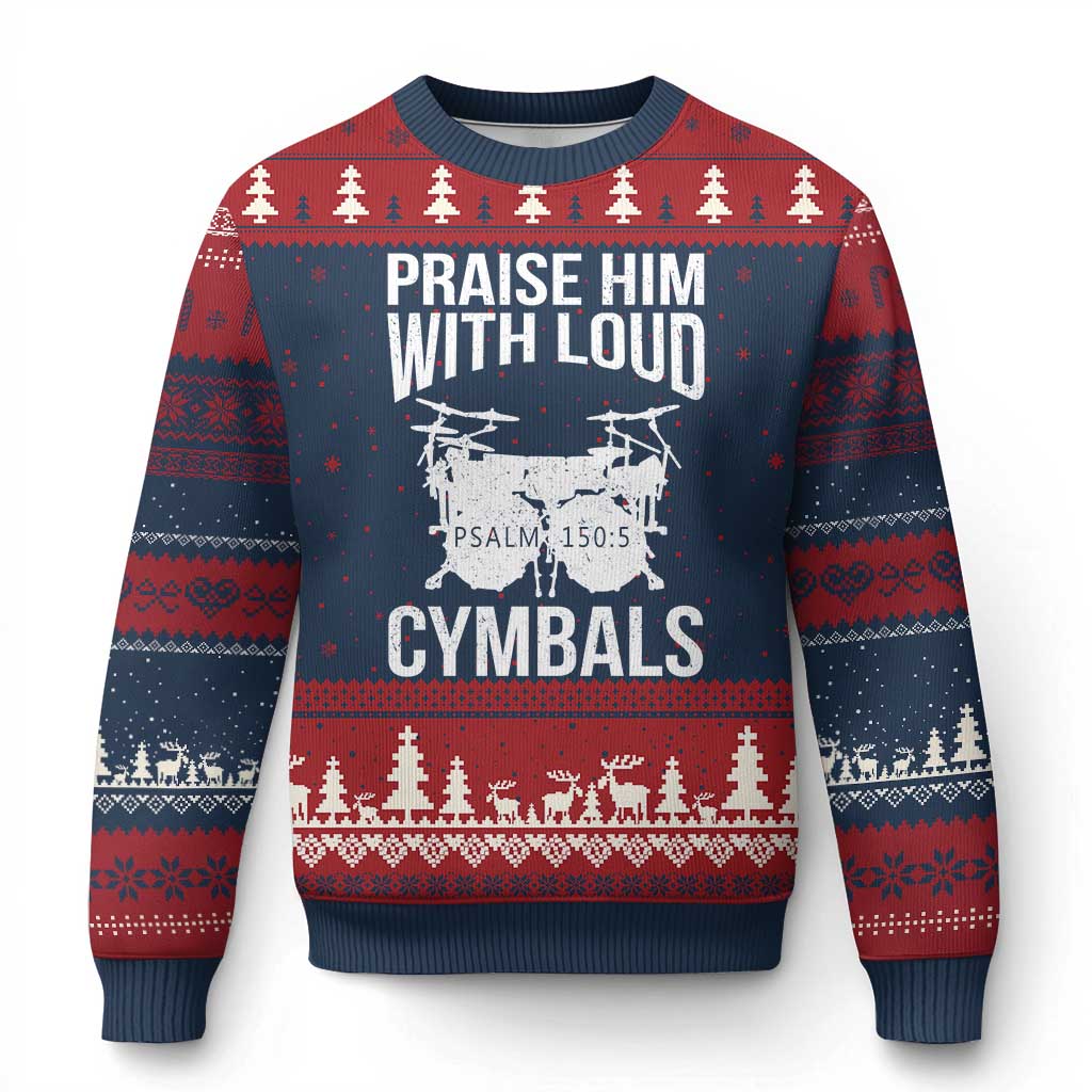 Christian Drummer Ugly Christmas Sweater Praise Him With Loud Cymbals Drumming Psalm 150:3 TS10 Navy Red Print Your Wear