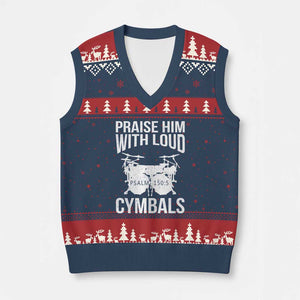 Christian Drummer V-Neck Knit Sweater Vest Praise Him With Loud Cymbals Drumming Psalm 150:3 TS10 Navy Red Print Your Wear