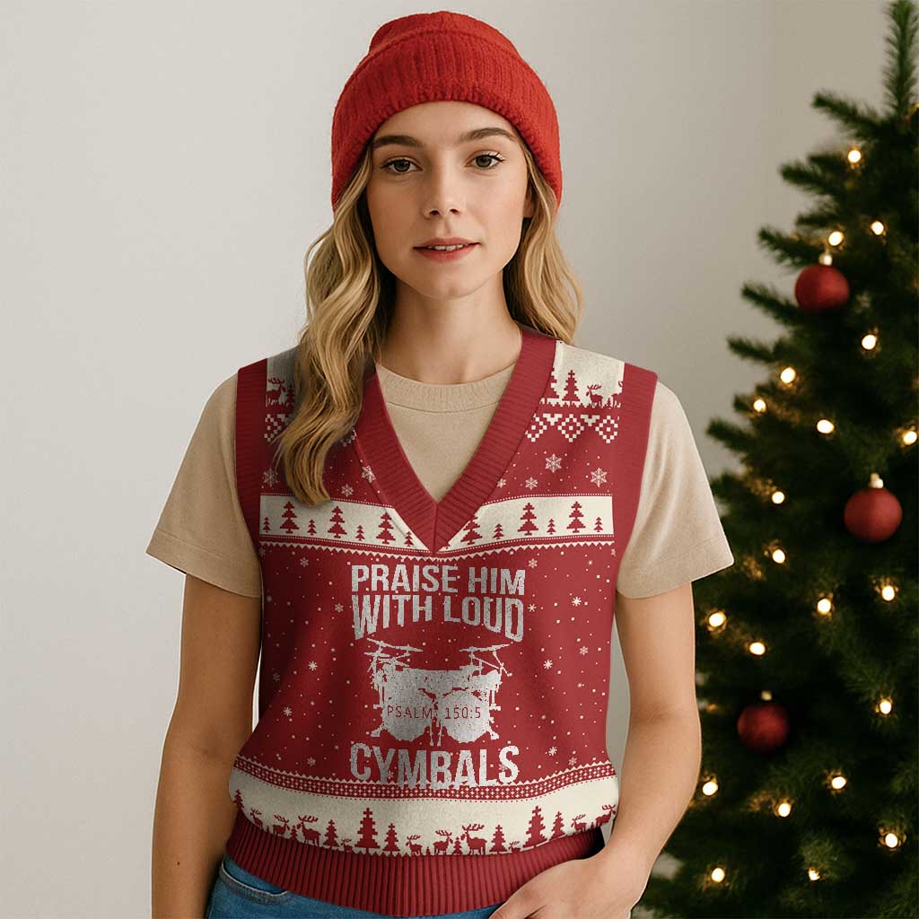 Christian Drummer V-Neck Knit Sweater Vest Praise Him With Loud Cymbals Drumming Psalm 150:3 TS10 Red Beige Print Your Wear