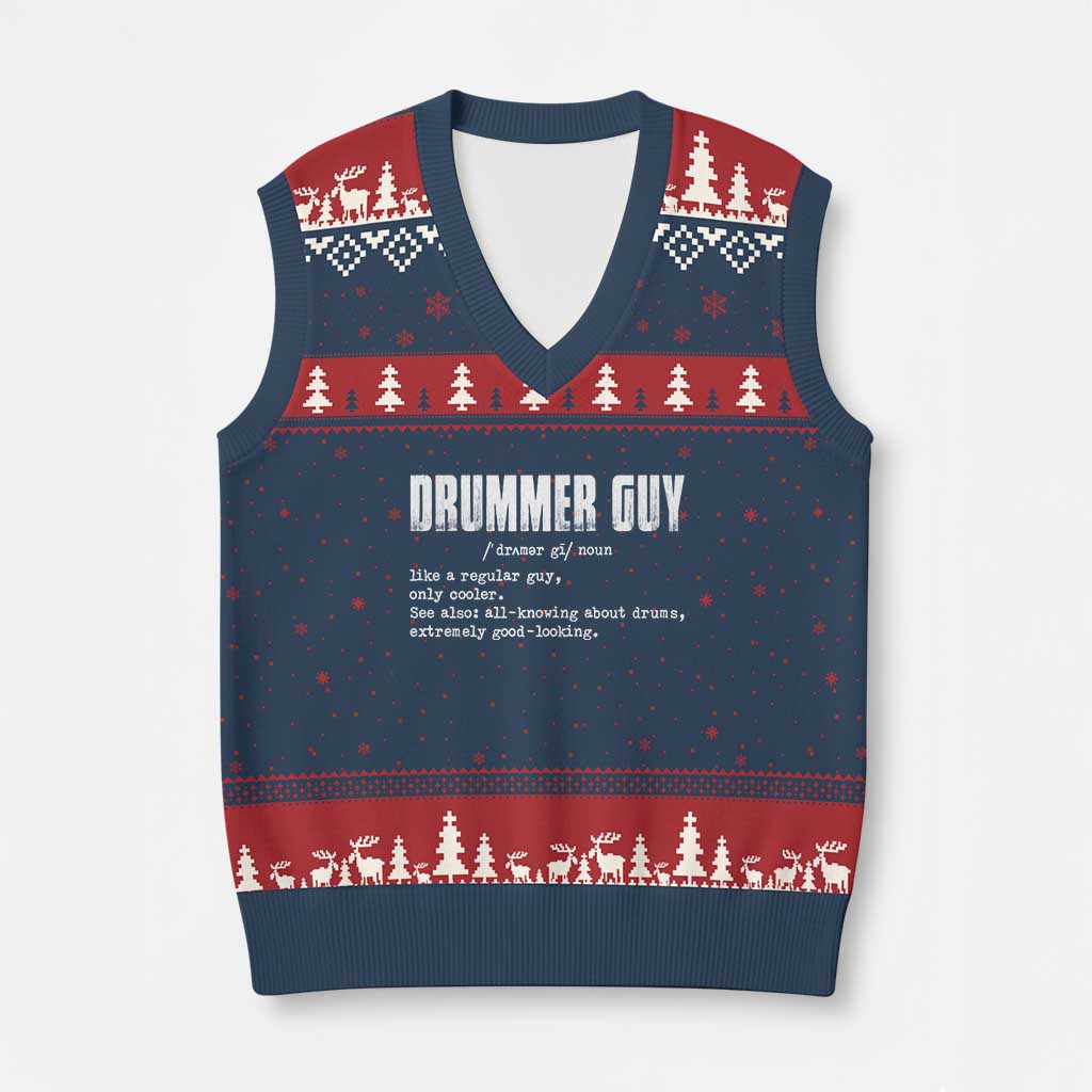 Funny Drummer Guy V-Neck Knit Sweater Vest Definition Vintage Drums Drumming TS10 Navy Red Print Your Wear