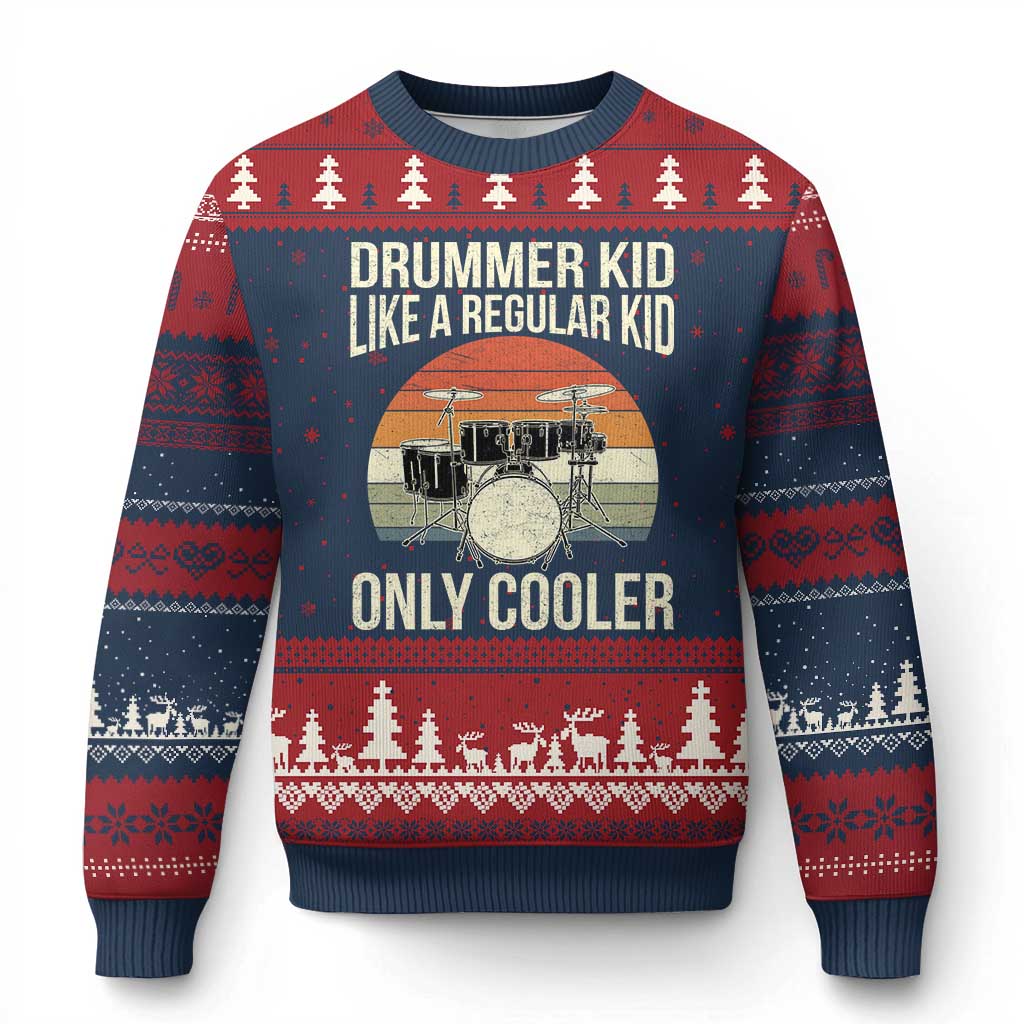 Funny Drummer Kid Ugly Christmas Sweater Like A Regular Kid But Cooler Boys Girls Kids TS10 Navy Red Print Your Wear
