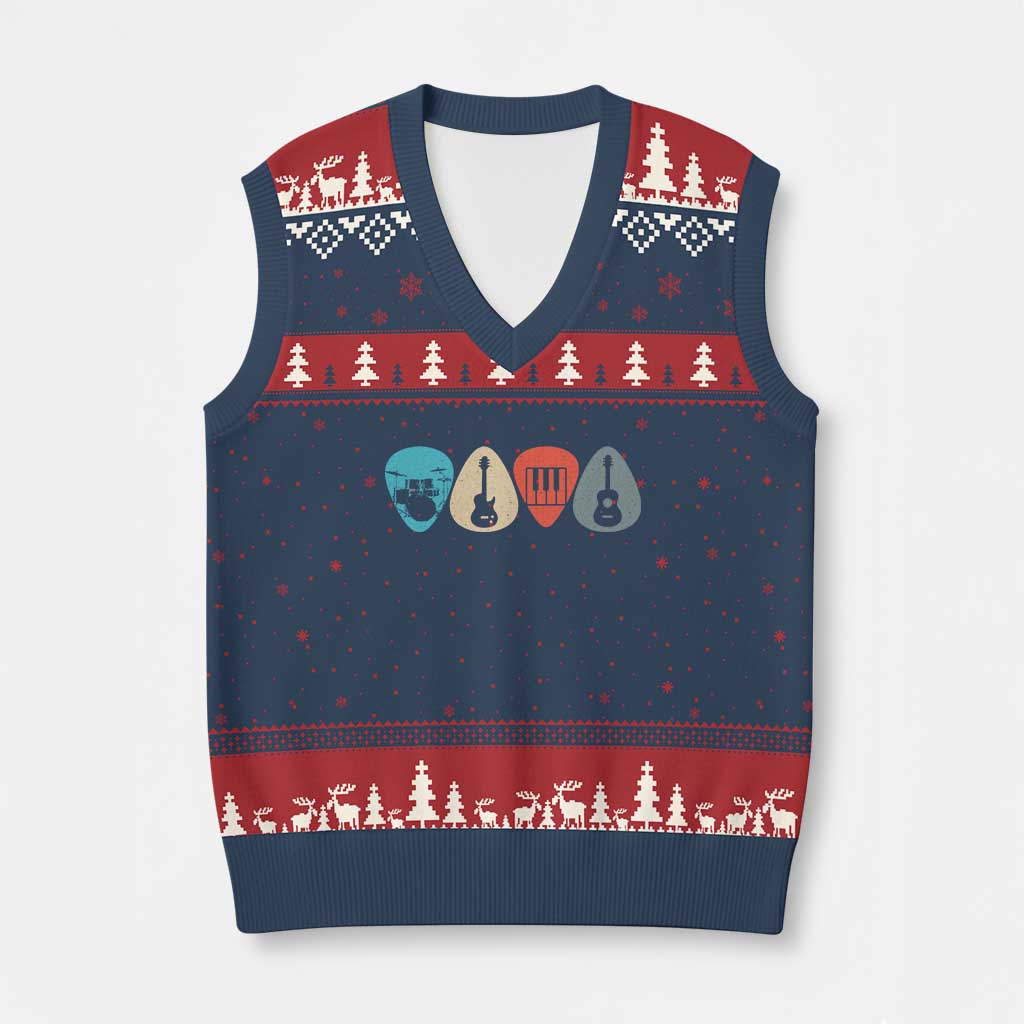 Guitar Pick V-Neck Knit Sweater Vest Retro Music Instrument TS10 Navy Red Print Your Wear