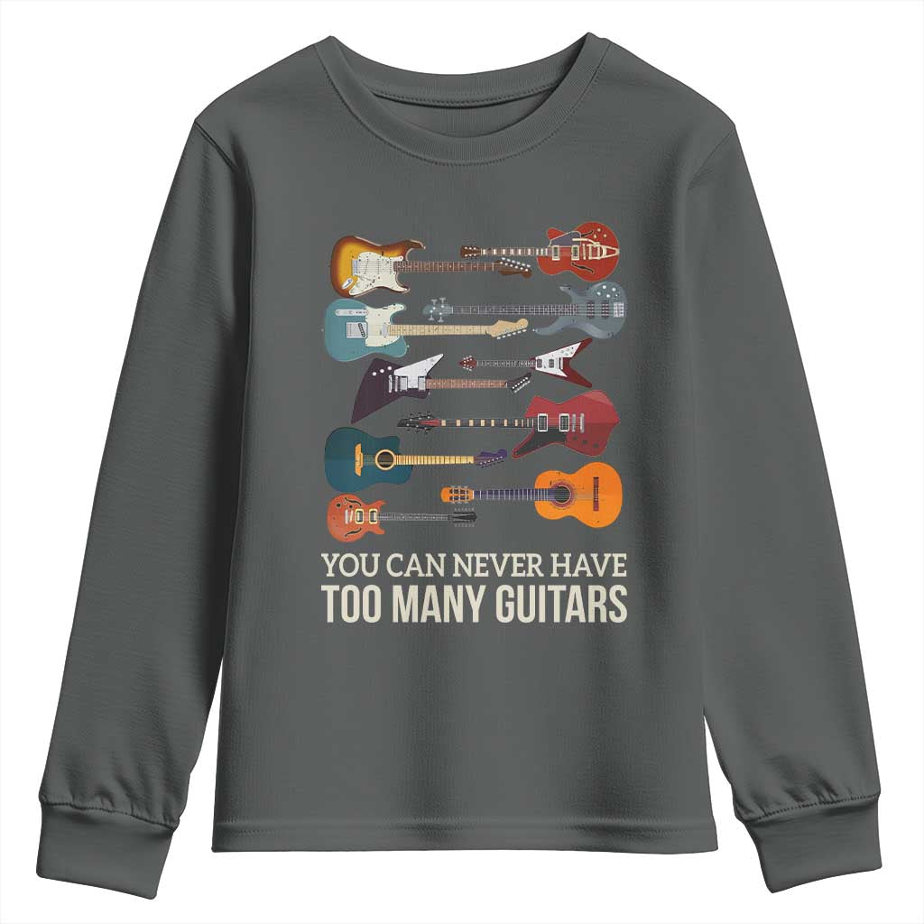 Funny Guitarist Youth Sweatshirt You Can Never Have Too Many Guitars Vintage Guitar Lineup TS10 Dark Heather Print Your Wear