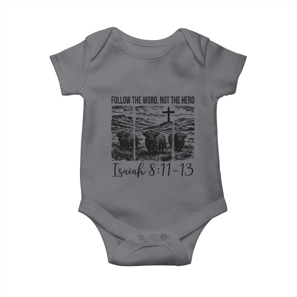 Follow the Word Not The Herd Baby Onesie Vintage Bible Verse Christian Country Highland Cow Boho TS10 Charcoal Print Your Wear