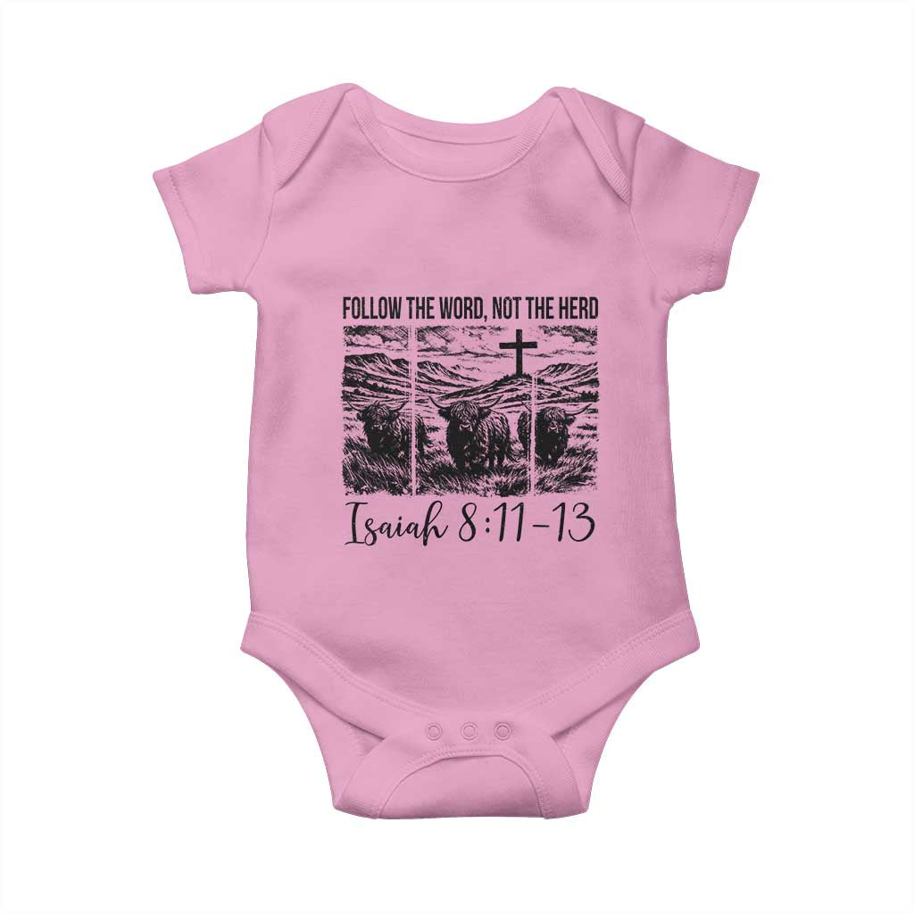 Follow the Word Not The Herd Baby Onesie Vintage Bible Verse Christian Country Highland Cow Boho TS10 Light Pink Print Your Wear
