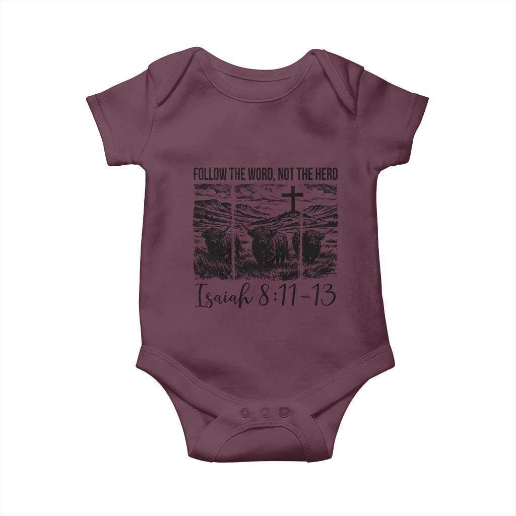 Follow the Word Not The Herd Baby Onesie Vintage Bible Verse Christian Country Highland Cow Boho TS10 Maroon Print Your Wear