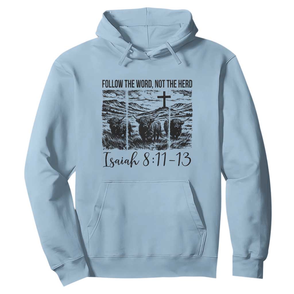 Follow the Word Not The Herd Hoodie Vintage Bible Verse Christian Country Highland Cow Boho TS10 Light Blue Print Your Wear