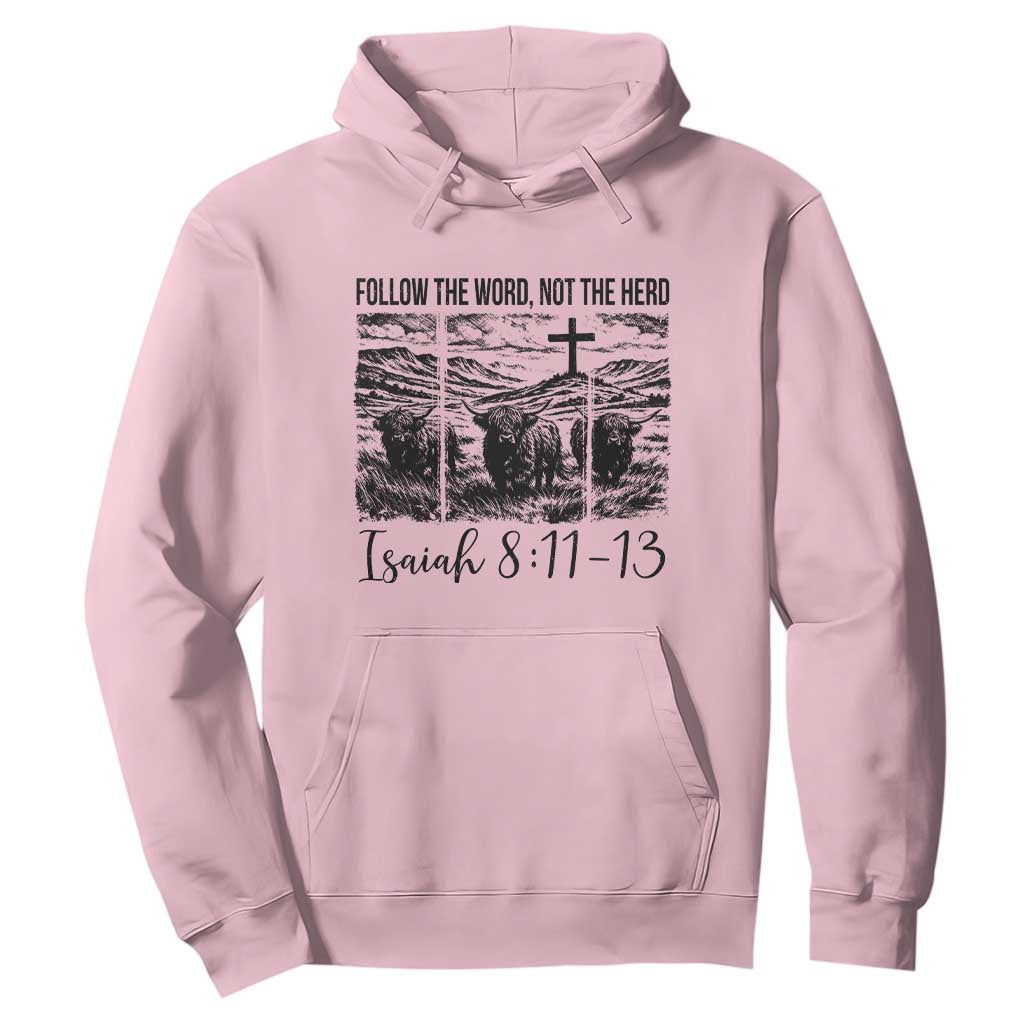 Follow the Word Not The Herd Hoodie Vintage Bible Verse Christian Country Highland Cow Boho TS10 Light Pink Print Your Wear