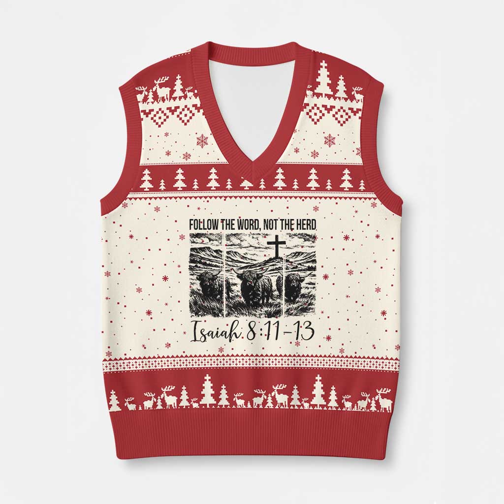 Follow the Word Not The Herd V-Neck Knit Sweater Vest Vintage Bible Verse Christian Country Highland Cow Boho TS10 Beige Red Print Your Wear