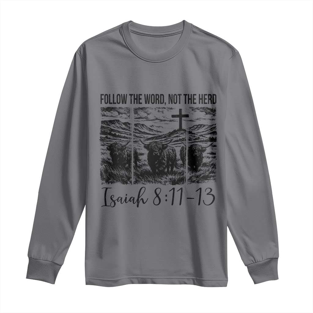 Follow the Word Not The Herd Long Sleeve Shirt Vintage Bible Verse Christian Country Highland Cow Boho TS10 Charcoal Print Your Wear