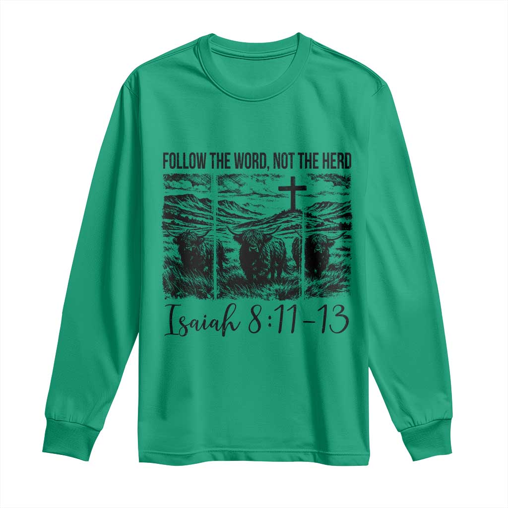 Follow the Word Not The Herd Long Sleeve Shirt Vintage Bible Verse Christian Country Highland Cow Boho TS10 Irish Green Print Your Wear