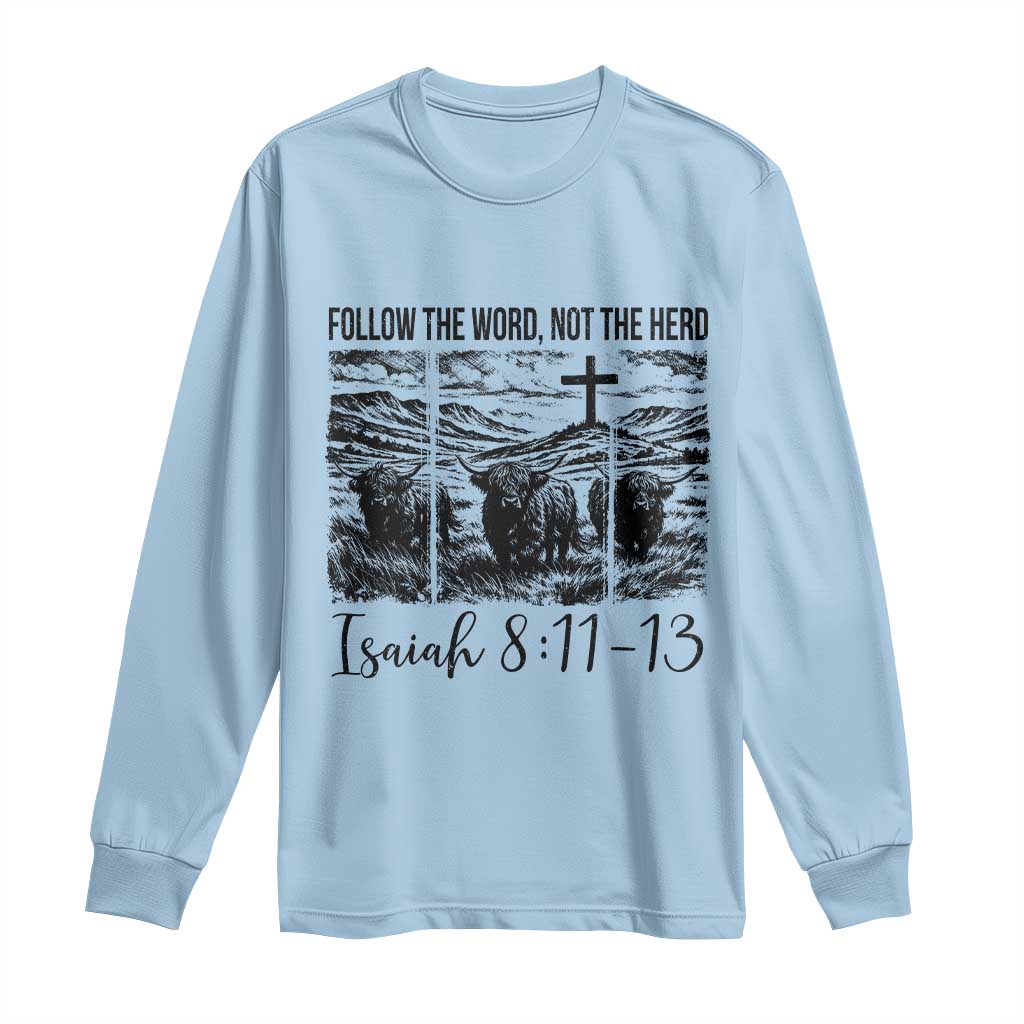 Follow the Word Not The Herd Long Sleeve Shirt Vintage Bible Verse Christian Country Highland Cow Boho TS10 Light Blue Print Your Wear
