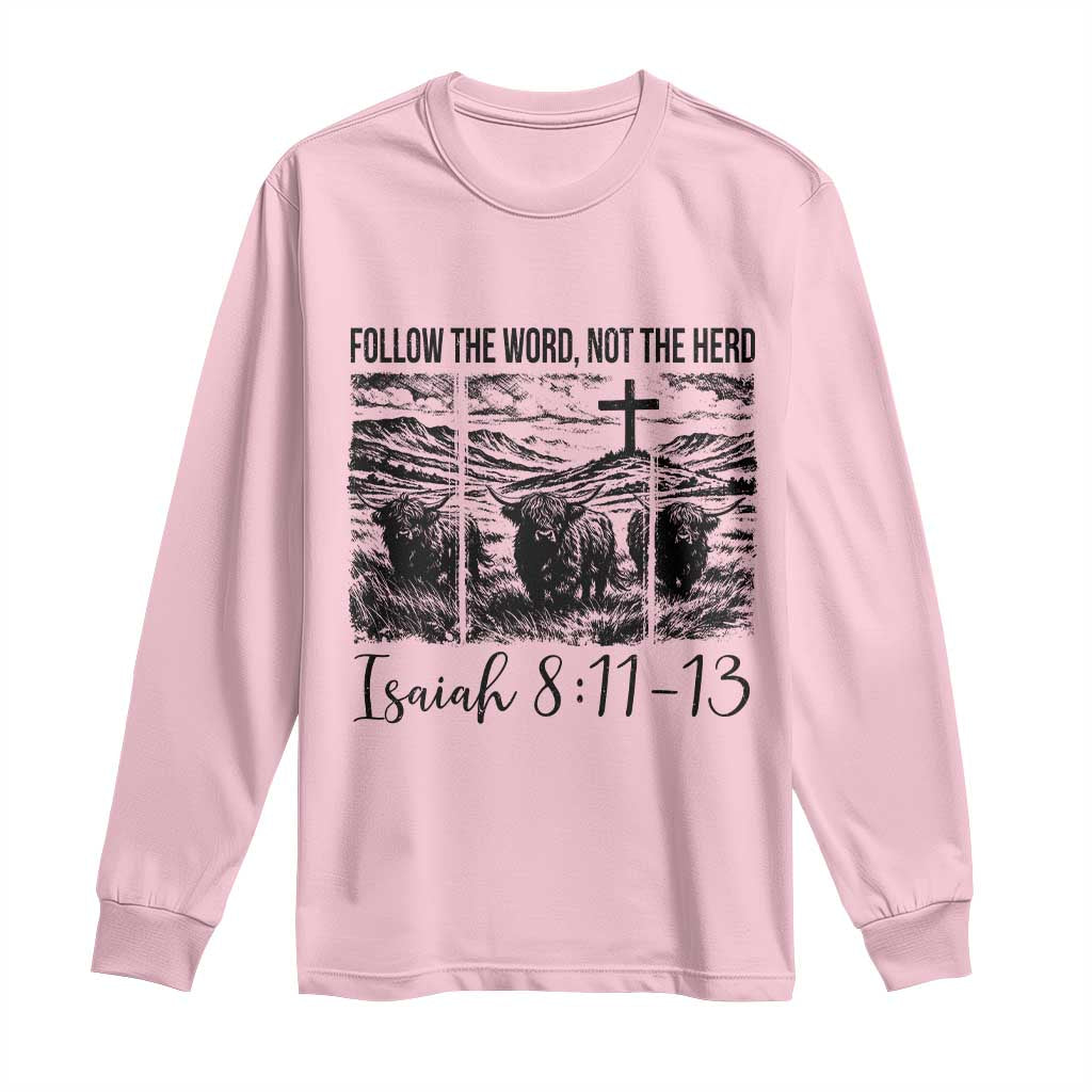 Follow the Word Not The Herd Long Sleeve Shirt Vintage Bible Verse Christian Country Highland Cow Boho TS10 Light Pink Print Your Wear