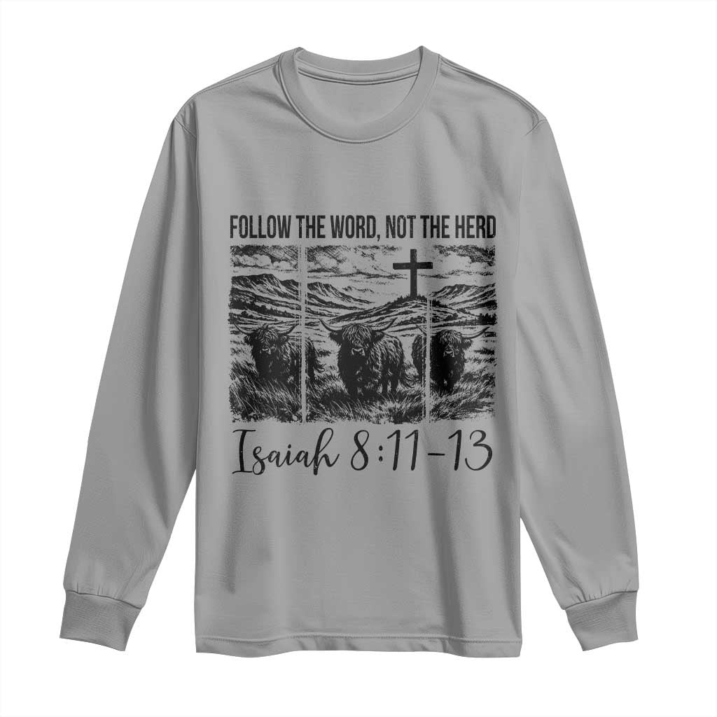 Follow the Word Not The Herd Long Sleeve Shirt Vintage Bible Verse Christian Country Highland Cow Boho TS10 Sport Gray Print Your Wear
