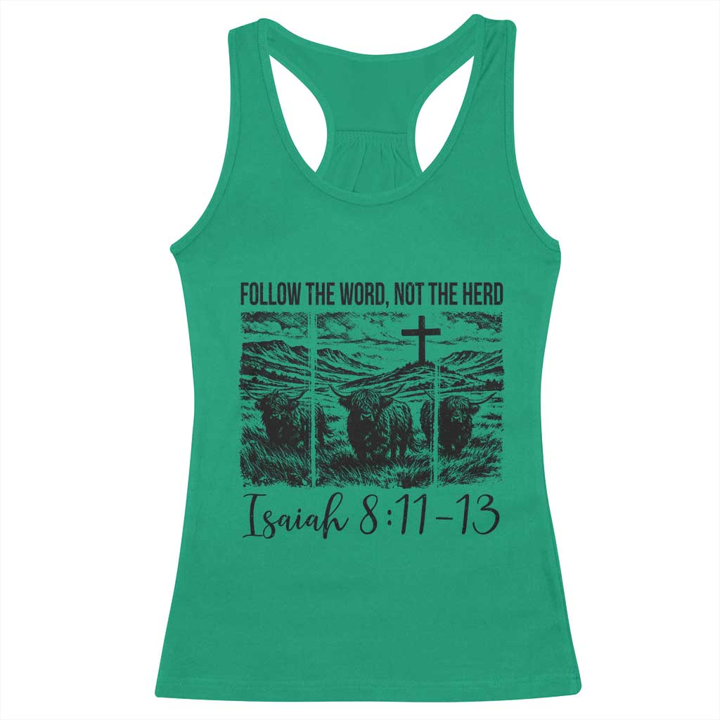 Follow the Word Not The Herd Racerback Tank Top Vintage Bible Verse Christian Country Highland Cow Boho TS10 Irish Green Print Your Wear
