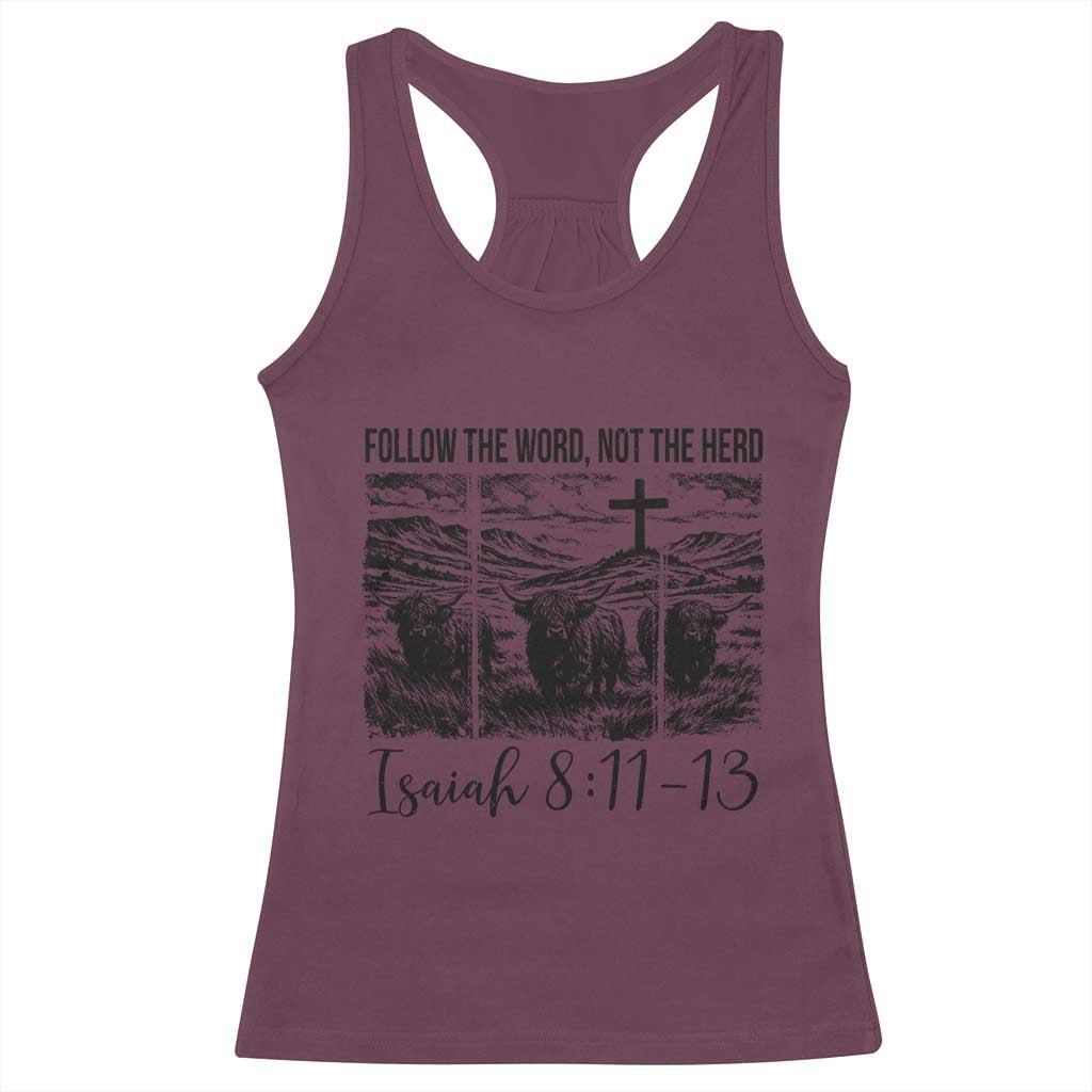 Follow the Word Not The Herd Racerback Tank Top Vintage Bible Verse Christian Country Highland Cow Boho TS10 Maroon Print Your Wear