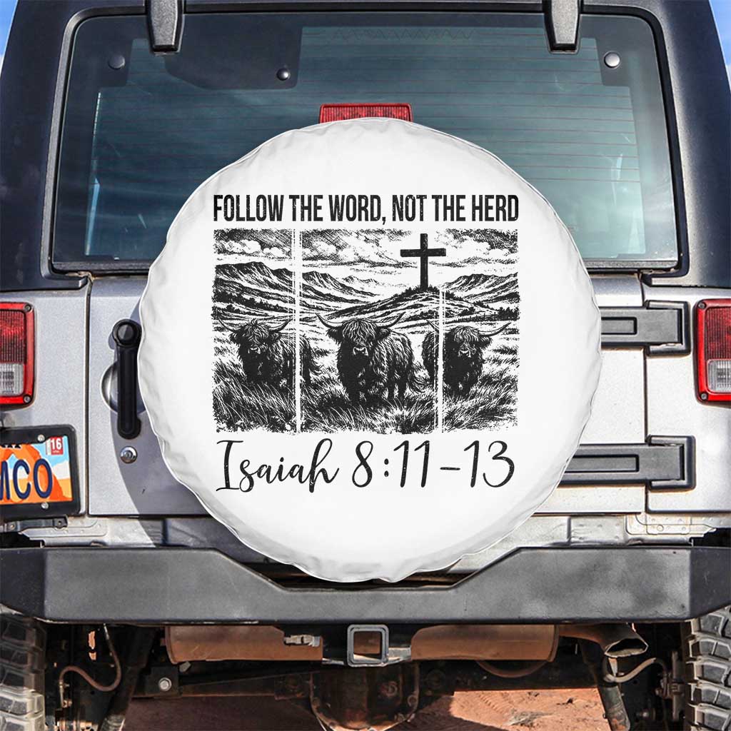 Follow the Word Not The Herd Spare Tire Cover Vintage Bible Verse Christian Country Highland Cow Boho TS10 No hole White Print Your Wear