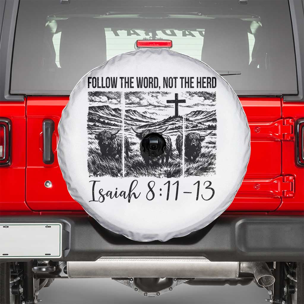 Follow the Word Not The Herd Spare Tire Cover Vintage Bible Verse Christian Country Highland Cow Boho TS10 White Print Your Wear