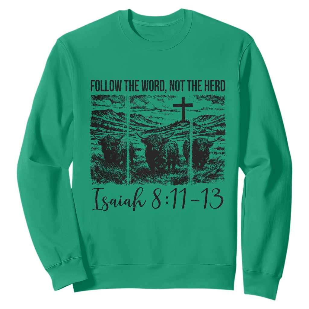 Follow the Word Not The Herd Sweatshirt Vintage Bible Verse Christian Country Highland Cow Boho TS10 Irish Green Print Your Wear